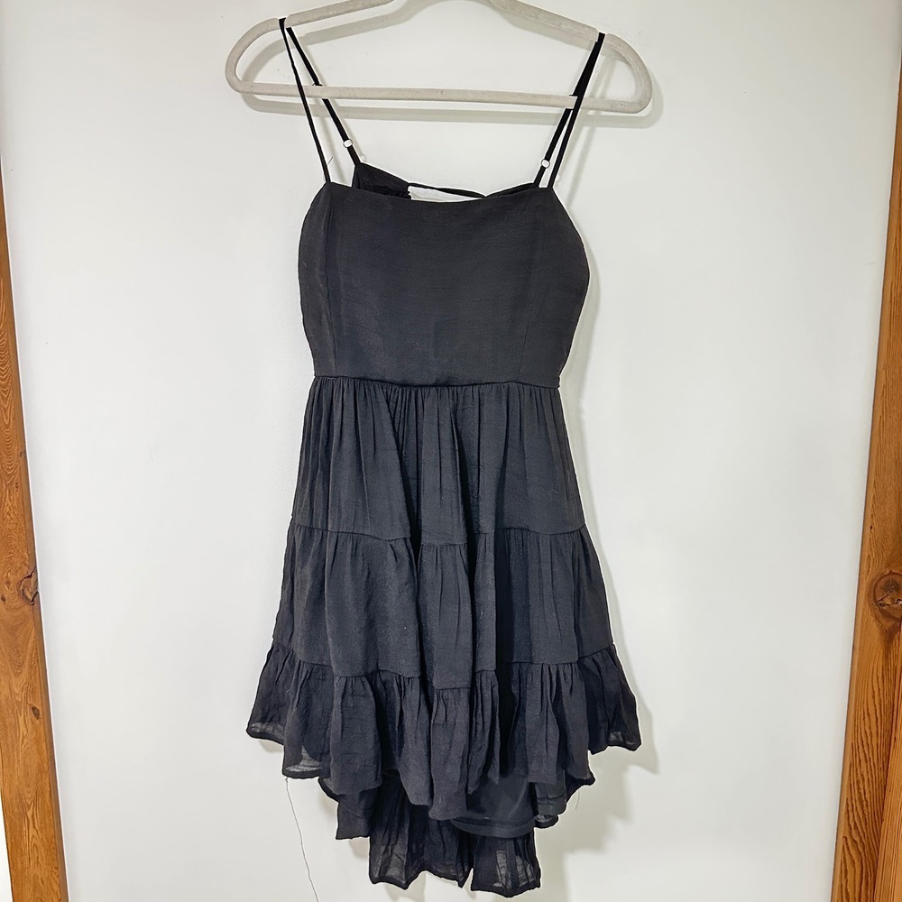 Streetwear Society Dress Womens M Black Rayon Tiered Ruffle Open Back‎ Mini Goth